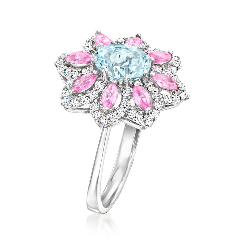 1.10 Carat Aquamarine and .90 ct. t.w. Pink Sapphire Flower Ring with .45 ct. t.w. Diamonds in 14kt White Gold. Size 8 image number 2