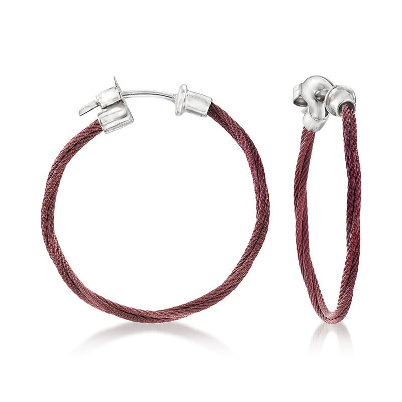 ALOR &quot;Classique&quot; Burgundy Stainless Steel Hoop Earrings with 18kt White Gold. 1&quot; image number 0