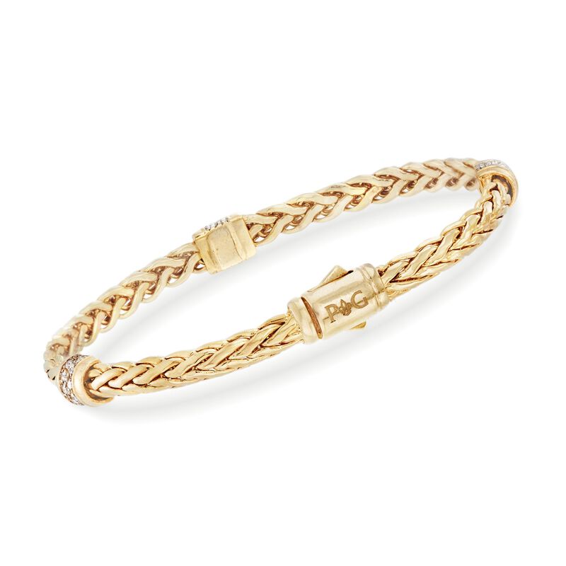 Phillip Gavriel &quot;Woven&quot; .30 ct. t.w. Pave Diamond Wheat-Chain Station Bracelet in 14kt Yellow Gold. 7.5&quot; image number 2