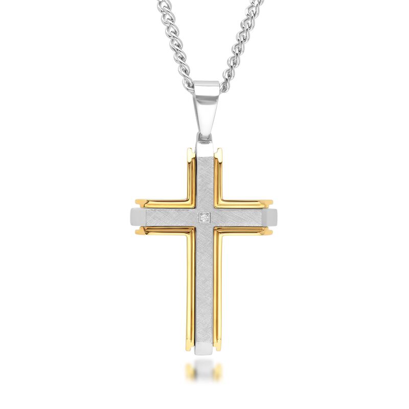 Men's Two-Tone Stainless Steel Cross Pendant Necklace with Diamond Accent. 24&quot; image number 0