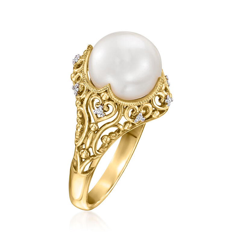 9-9.5mm Cultured Pearl Filigree Ring with Diamonds in 18kt Gold Over Sterling image number 2