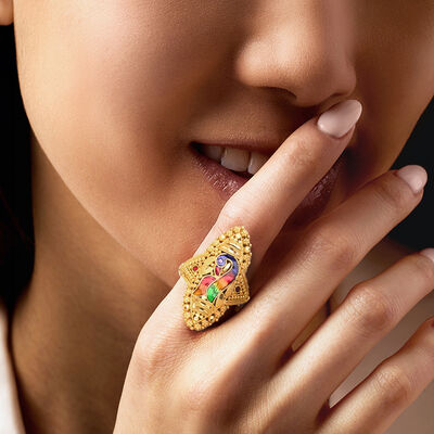 C. 2000 Vintage Rainbow Enamel Swan Ring in 21kt Yellow Gold