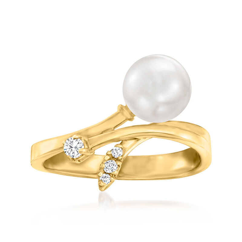 7.5mm Cultured Pearl Bypass Ring with Diamond Accent in 14kt Yellow Gold. Size 7 image number 0