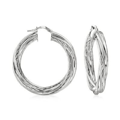 Italian Rhodium-Plated Twisted Hoop Earrings
