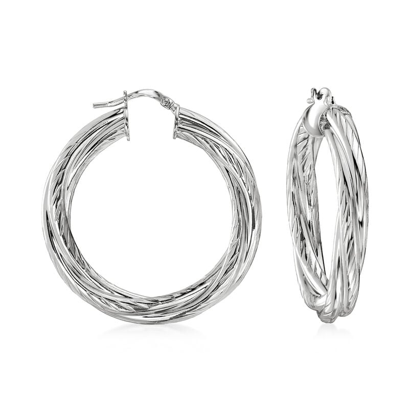 Italian Rhodium-Plated Twisted Hoop Earrings. 1 5/8" image number 0