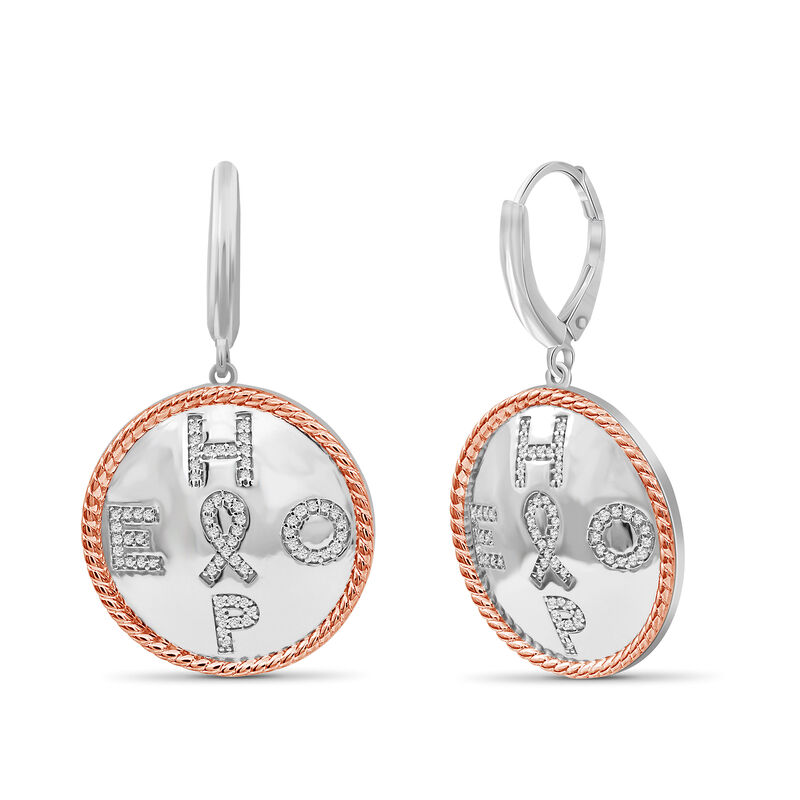.25 ct. t.w. Diamond "Hope" Earrings with Cancer Ribbon in Two-Tone Sterling image number 1