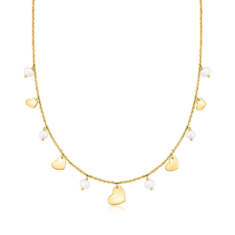 Italian 5-6mm Cultured Pearl and Heart Station Necklace in 18kt Gold Over Sterling. 18&quot; image number 1
