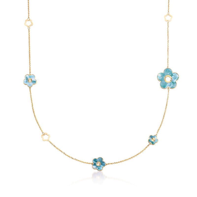 11.5-25mm Green and White Mother-Of-Pearl Flower Station Necklace in 18kt Yellow Gold. 39&quot; image number 2