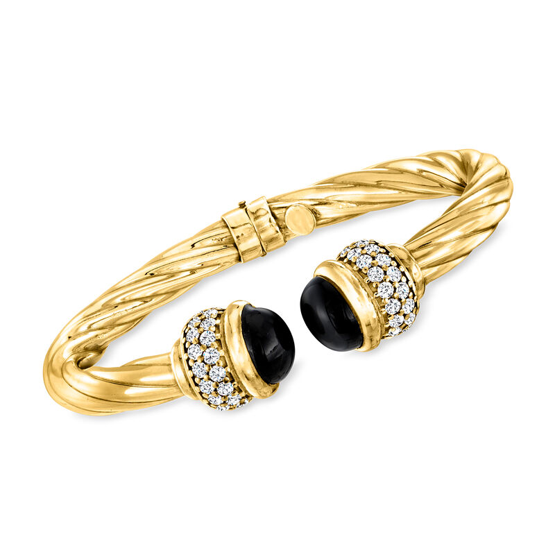 Italian Onyx and 1.30 ct. t.w. CZ Twisted Cuff Bracelet in 18kt Gold Over Sterling image number 0