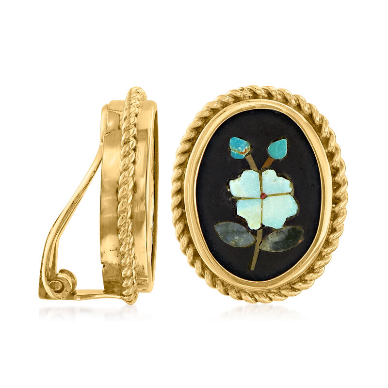 C. 1960 Vintage Pietra Dura Flower Inlay Clip-On Earrings in 14kt Yellow Gold image number 2