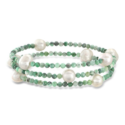 7.5-9.5mm Cultured Pearl and 10.10 ct. t.w. Emerald Bead Wrap Bracelet