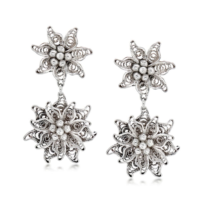 C. 1970 Vintage Sterling Silver Floral Clip-On Drop Earrings image number 2