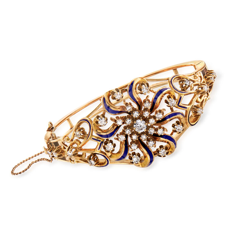 C. 1950 Vintage 2.35 ct. t.w. Diamond and Blue Enamel Flower Bangle Bracelet in 14kt Yellow Gold. 7&quot; image number 0