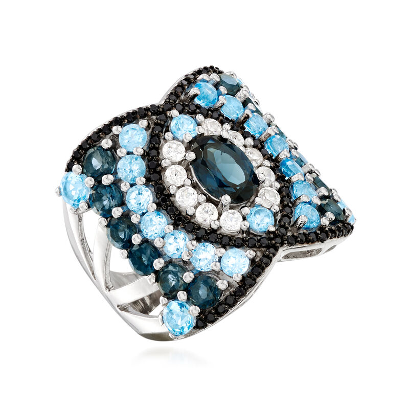 3.50 ct. t.w. Blue Topaz and .40 ct. t.w. White Zircon Ring with Black Spinel in Sterling Silver image number 3