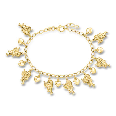 Italian 18kt Gold Over Sterling Cherub and Heart Charm Bracelet