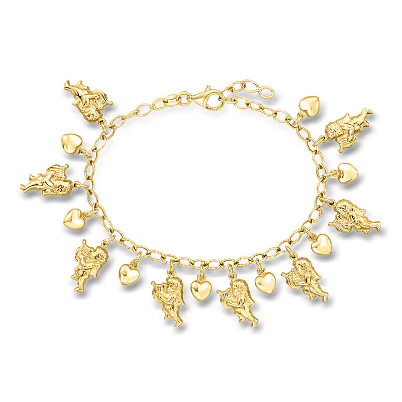 Italian 18kt Gold Over Sterling Cherub and Heart Charm Bracelet. 7" image number 0