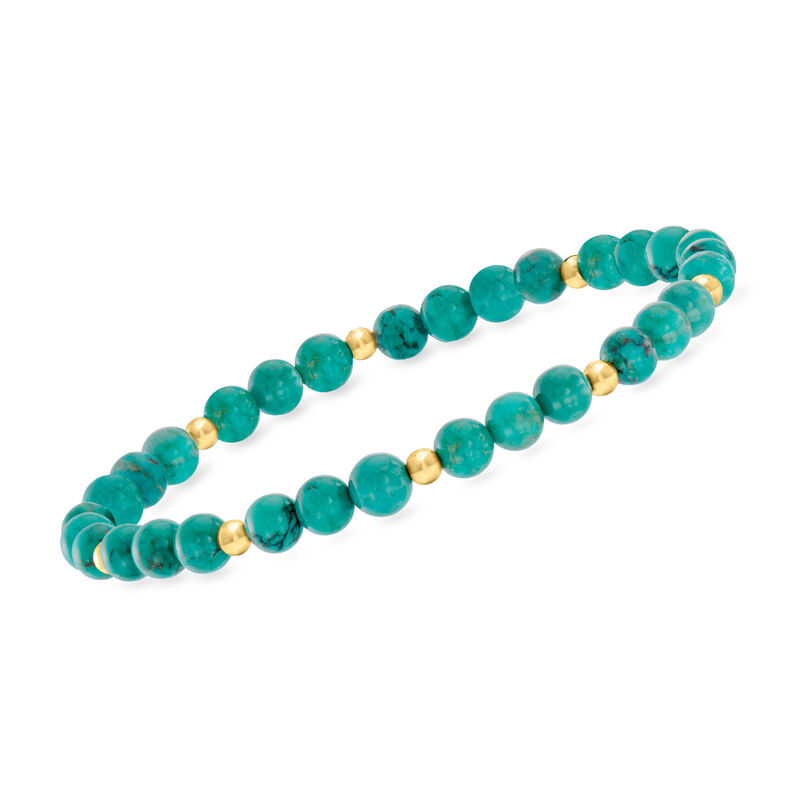 4mm Turquoise Bead Stretch Bracelet with 14kt Yellow Gold. 8&quot; image number 0