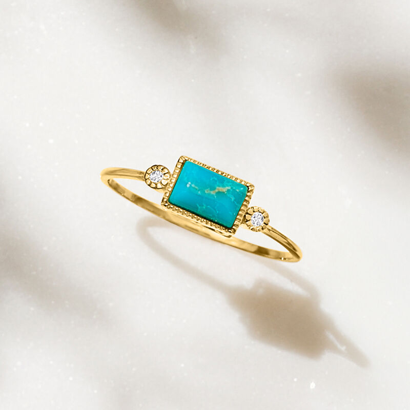 Turquoise and Diamond Ring in 14kt Yellow Gold. Size 7 image number 2