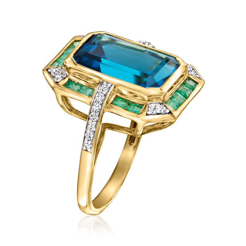9.25 Carat Swiss Blue Topaz, .70 ct. t.w. Emerald and .20 ct. t.w. Diamond Ring in 14kt Yellow Gold image number 2