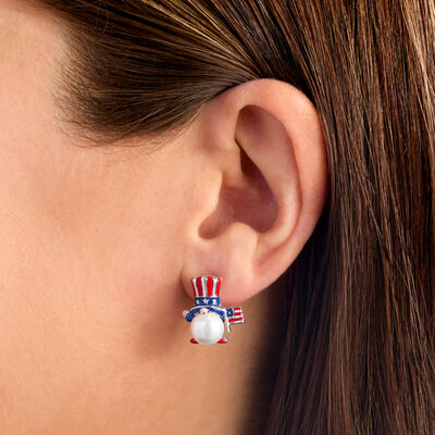 8-8.5mm Cultured Pearl and Multicolored Enamel Patriotic Gnome Earrings in Sterling Silver