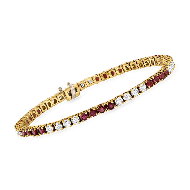 C. 1990 Vintage 3.00 ct. t.w. Ruby and 2.80 ct. t.w. Diamond Tennis Bracelet in 18kt Yellow Gold. 7&quot; image number 0