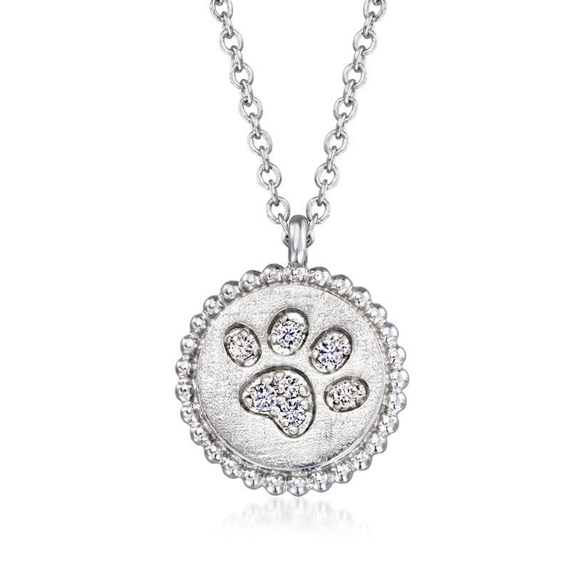 Gabriel Designs Sterling Silver Paw Print Pendant Necklace with Diamonds. 15.5" image number 1