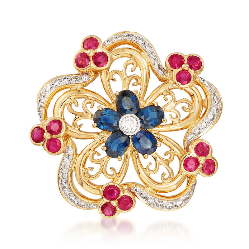 C. 1990 Vintage 4.35 ct. t.w. Multi-Gemstone Flower Pin Pendant Necklace in 18kt Yellow Gold image number 2