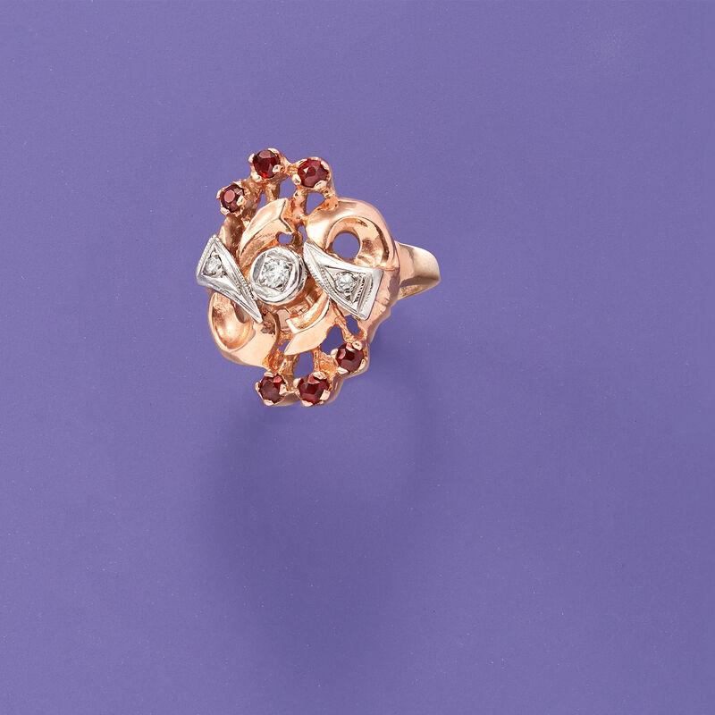 C. 1940 Vintage .40 ct. t.w. Garnet and .10 ct. t.w. Diamond Ring in 14kt Two-Tone Gold. Size 4.5 image number 3