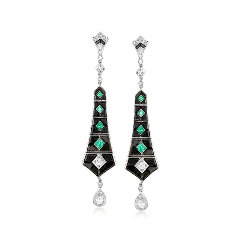C. 1930 Vintage Black Onyx, 1.10 ct. t.w. Diamond and .80 ct. t.w. Emerald Earrings in Platinum with 14kt Yellow Gold image number 0