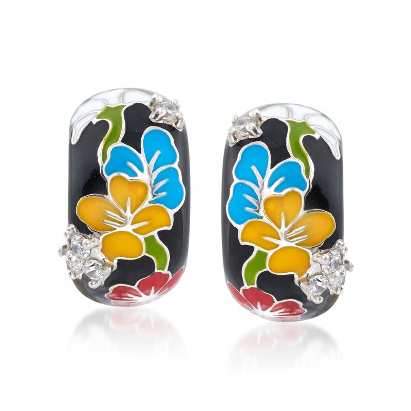 Belle Etoile &quot;Constellations: Sakura&quot; Multicolored Enamel and .25 ct. t.w. CZ Half-Hoop Earrings in Sterling Silver. 5/8&quot; image number 0