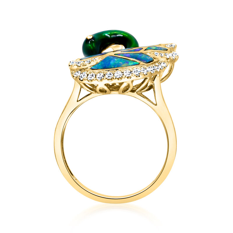 Black Opal and .39 ct. t.w. Diamond Swan Ring with Green Rhodium in 14kt Yellow Gold image number 2