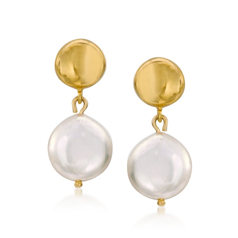 9-10mm Cultured Coin Pearl Drop Earrings in 14kt Yellow Gold image number 0