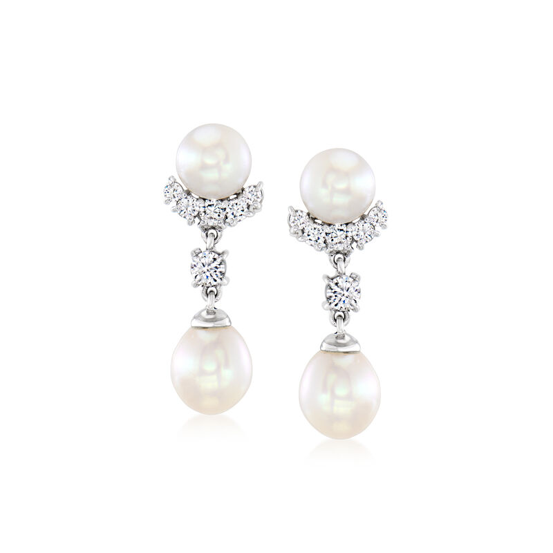 C. 1960 Vintage 6.5-8mm Cultured Pearl and .55 ct. t.w. Diamond Drop Earrings in Palladium  image number 0