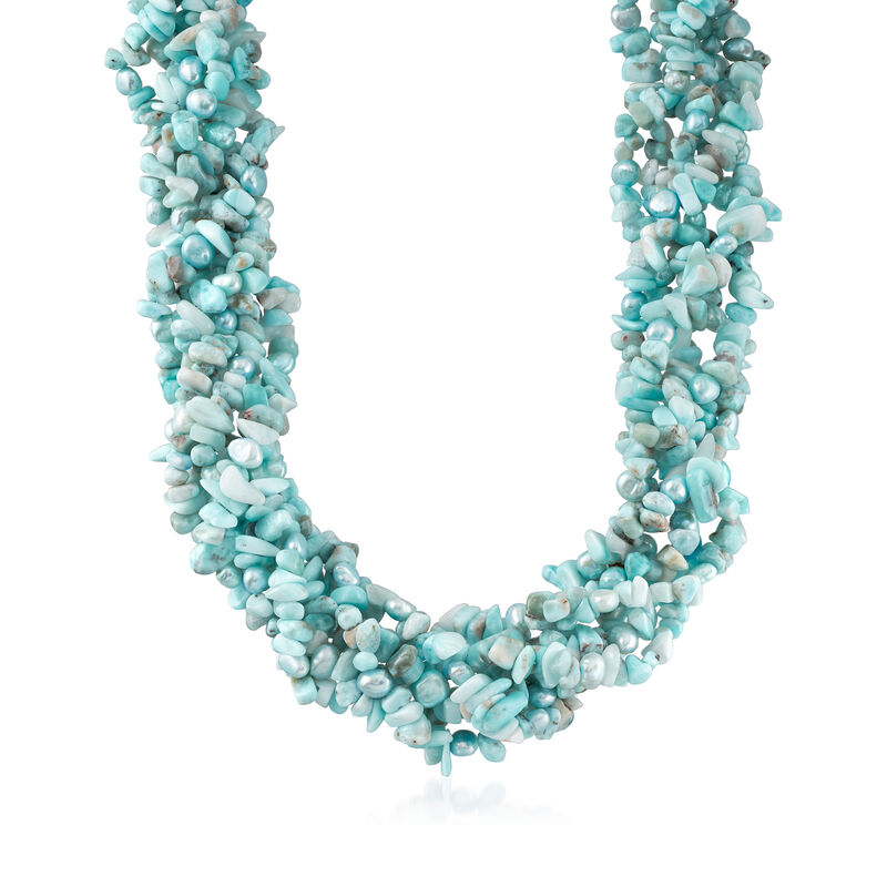 5-6mm Cultured Blue Pearls and 3-8mm Larimar Torsade Necklace with Sterling Silver. 18&quot; image number 1