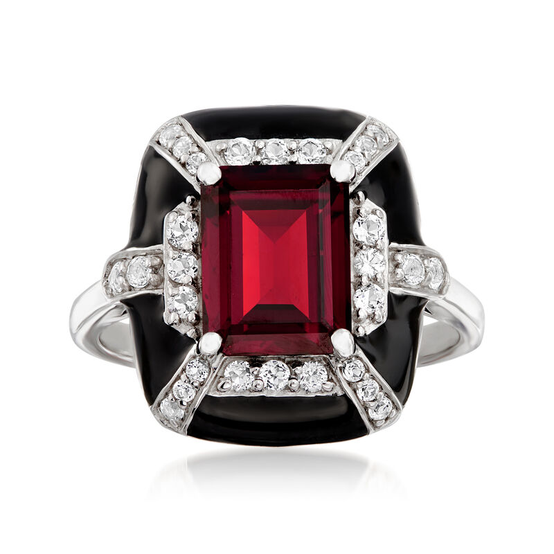 3.00 Carat Garnet and .44 ct. t.w. White Topaz Ring with Black Enamel in Sterling Silver image number 0