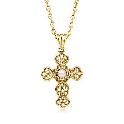 14kt Yellow Gold-Plated Filigree Cross Necklace with 3.5mm Cultured Pearl