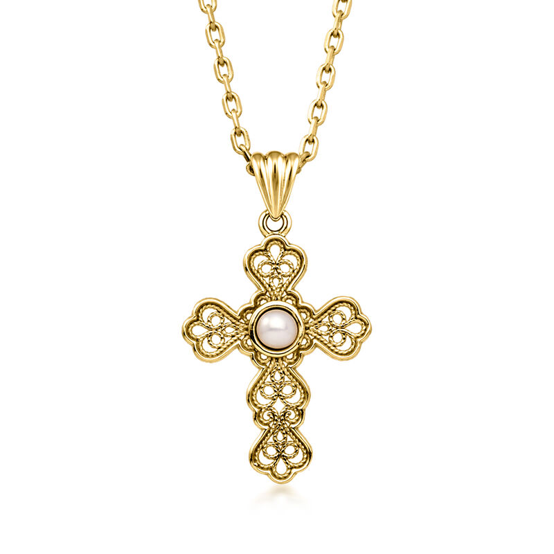 14kt Yellow Gold-Plated Filigree Cross Necklace with 3.5mm Cultured Pearl image number 0