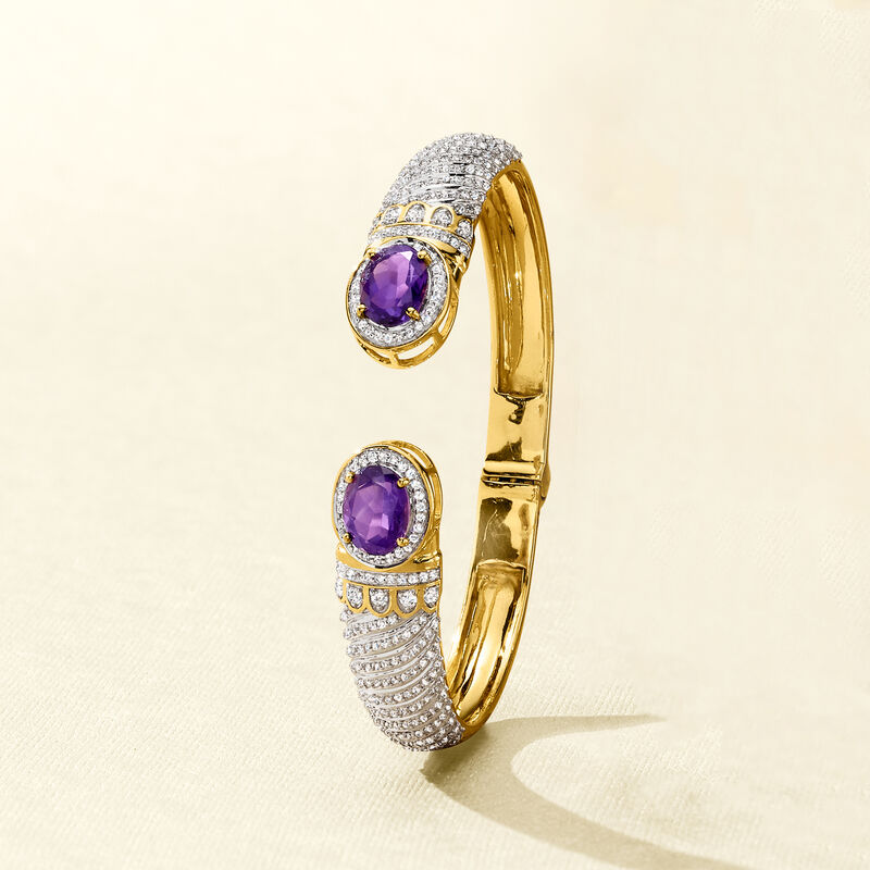 3.70 ct. t.w. Amethyst and 2.00 ct. t.w. White Topaz Cuff Bracelet in 18kt Gold Over Sterling image number 2