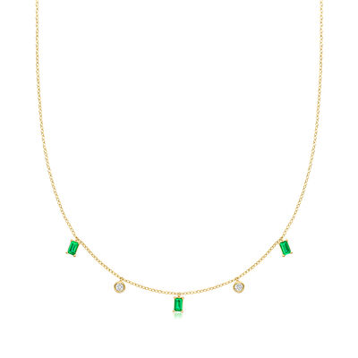 .60 ct. t.w. Lab-Grown Emerald and .20 ct. t.w. Lab-Grown Diamond Station Necklace in 18kt Gold Over Sterling