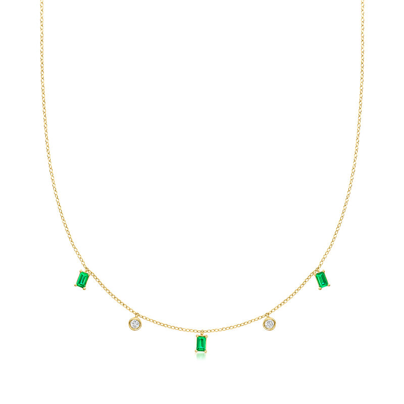.60 ct. t.w. Lab-Grown Emerald and .20 ct. t.w. Lab-Grown Diamond Station Necklace in 18kt Gold Vermeil. 16&quot; image number 1