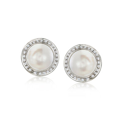 C. 1980 Vintage 15.5mm Mabe Pearl and 1.30 ct. t.w. Diamond Earrings in 14kt White Gold