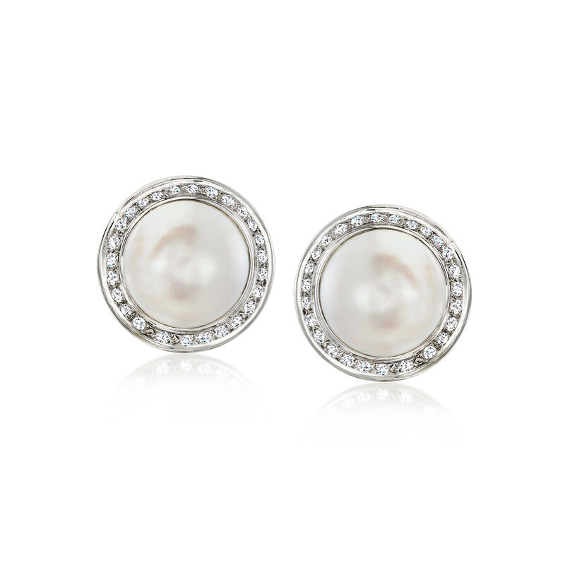 C. 1980 Vintage 15.5mm Mabe Pearl and 1.30 ct. t.w. Diamond Earrings in 14kt White Gold image number 0