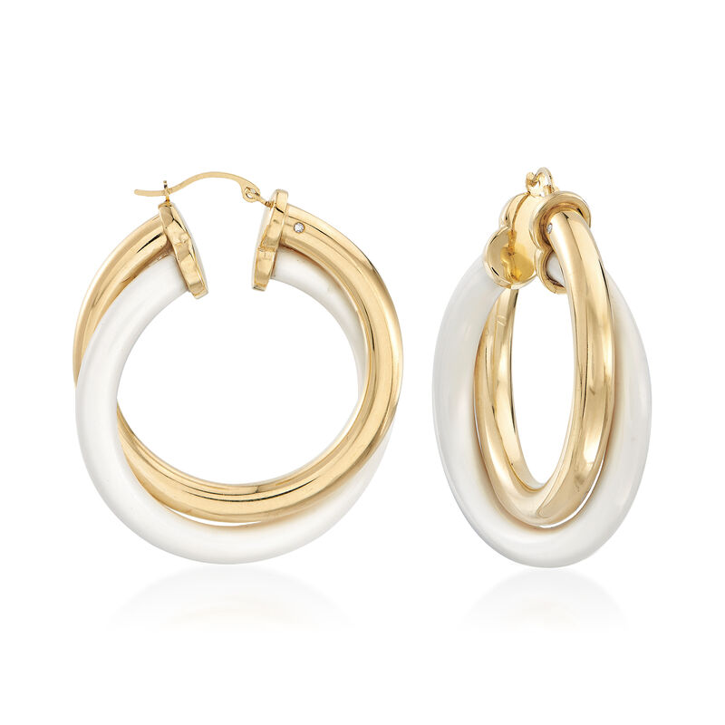 Andiamo White Agate and 14kt Yellow Gold Over Resin Hoop Earrings. 1 1/2&quot; image number 0