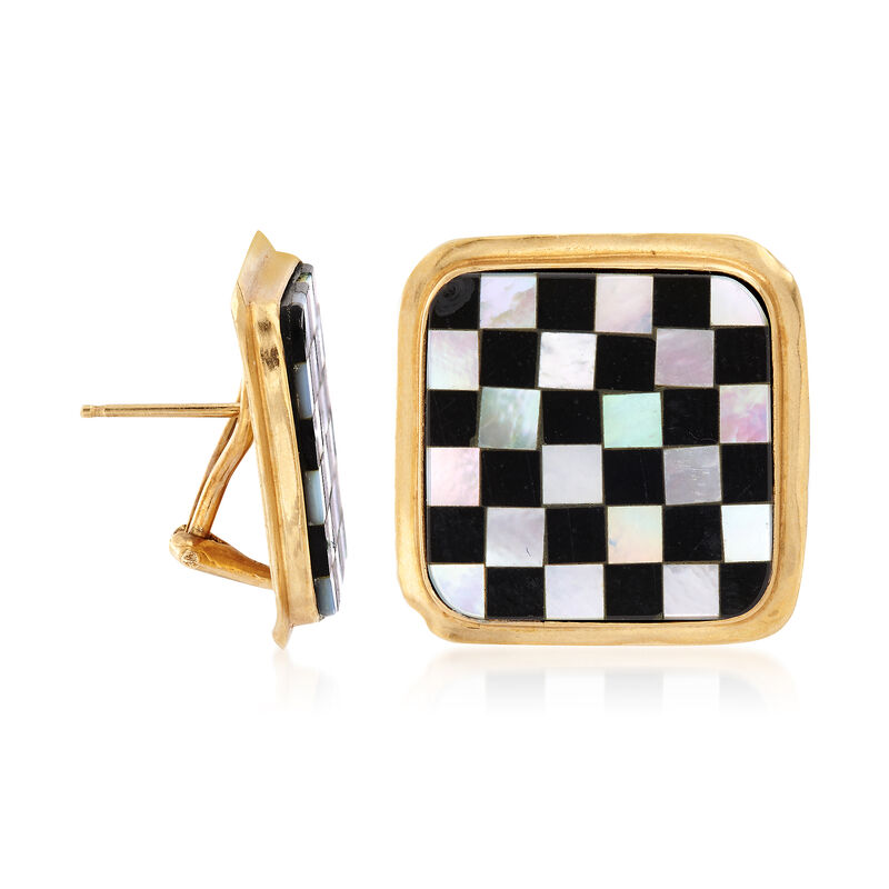 C. 1970 Vintage Onyx and Mother of Pearl Checkerboard Earrings in 14kt Yellow Gold image number 2