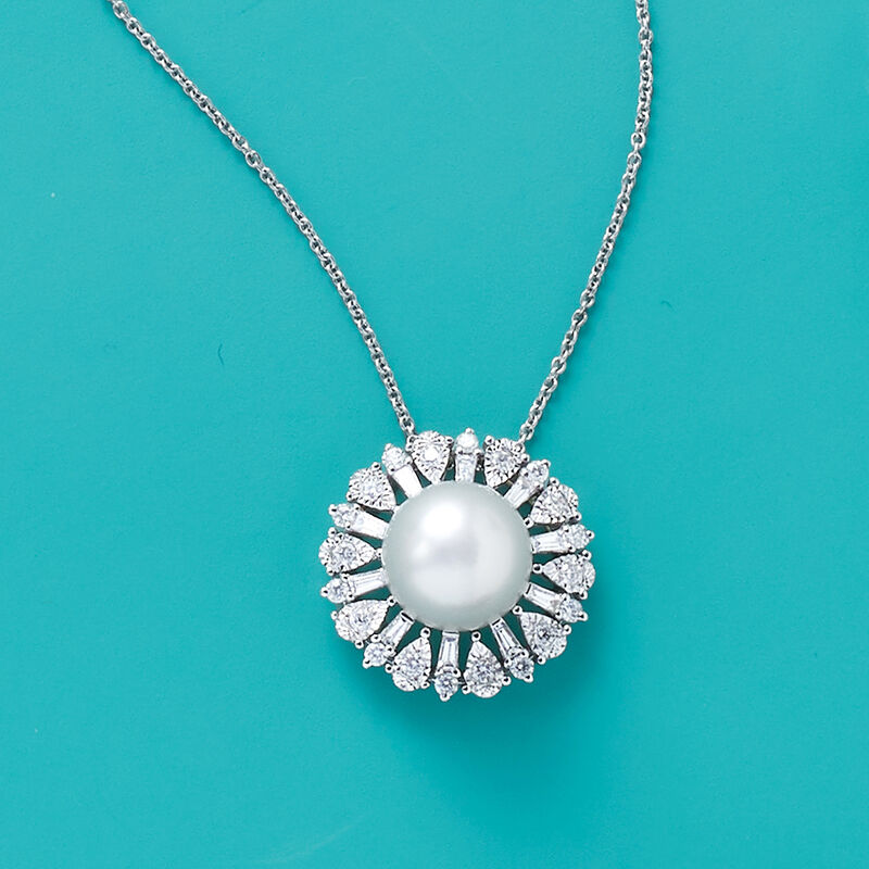 9-10mm Cultured South Sea Pearl and .50 ct. t.w. Diamond Pendant Necklace in 18kt White Gold. 18&quot; image number 2