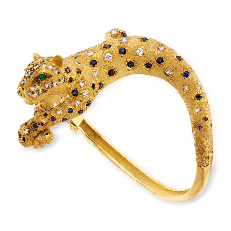 C. 1970 Vintage 4.50 ct. t.w. Sapphire and 4.00 ct. t.w. Diamond Panther Bangle Bracelet in 18kt Yellow Gold image number 2