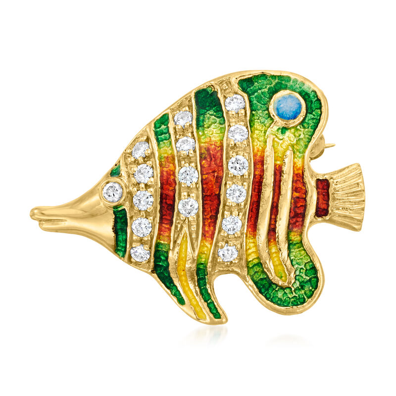 C. 1990 Vintage Multicolored Enamel and .25 ct. t.w. Diamond Fish Pin in 18kt Yellow Gold  image number 0