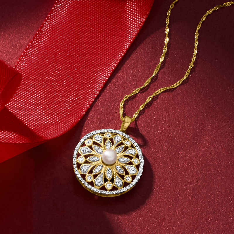 4-4.5mm Cultured Pearl and .62 ct. t.w. Diamond Circle Pendant in 14kt Yellow Gold image number 2