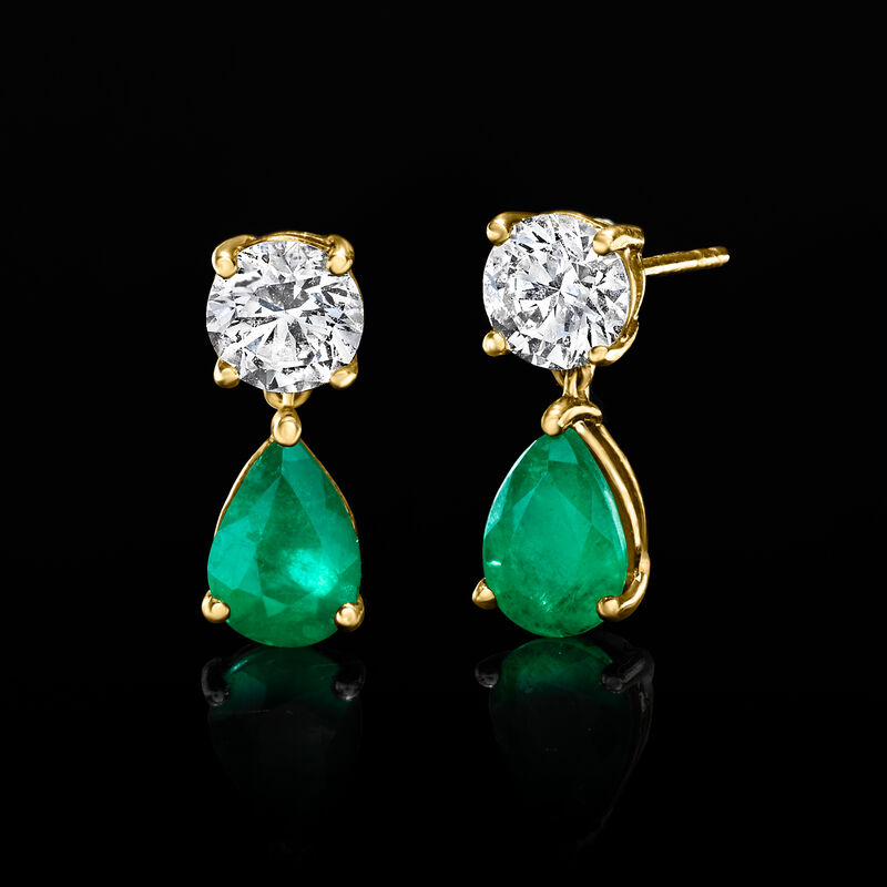 1.20 ct. t.w. Pear-Shaped Emerald and 1.00 ct. t.w. Round Lab-Grown Diamond Drop Earrings in 14kt Yellow Gold  image number 2