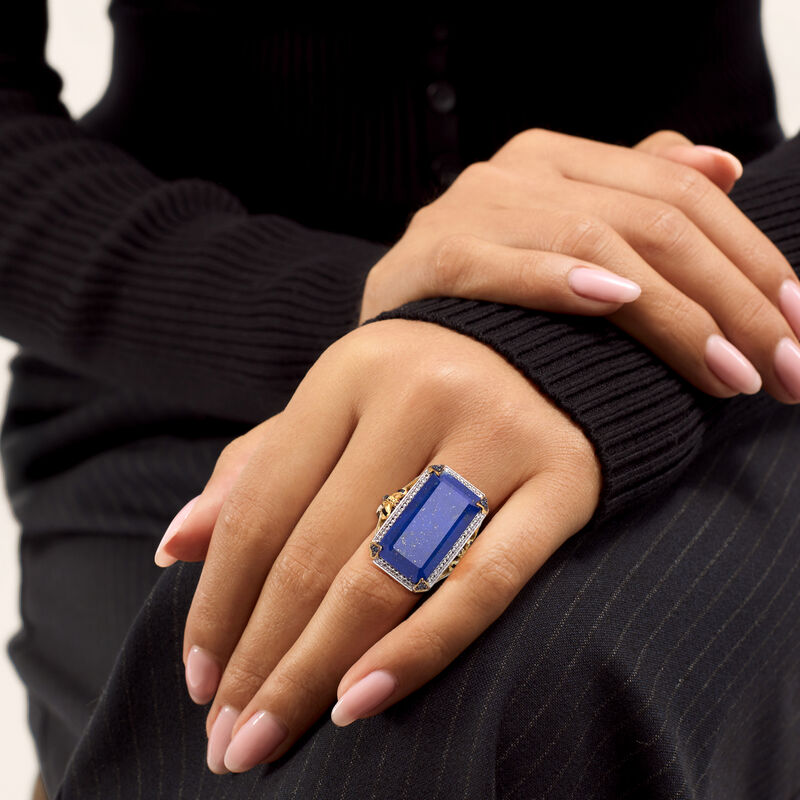 Lapis, .20 ct. t.w. White Topaz and .10 ct. t.w. Sapphire Bumblebee Ring with Black Enamel in 18kt Gold Over Sterling image number 1